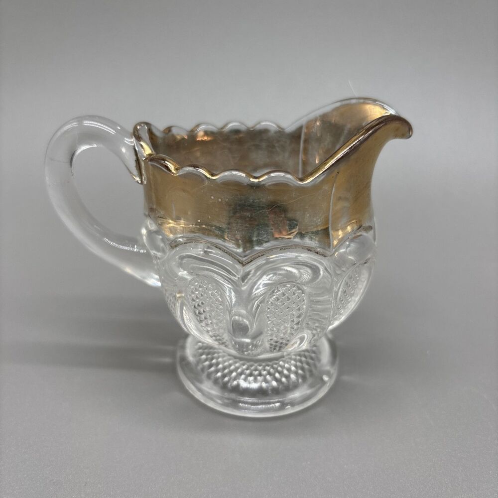 US Glass Antique EAPG Texas Stippled Pattern Clear/Gold Trim Creamer Pitcher Cup